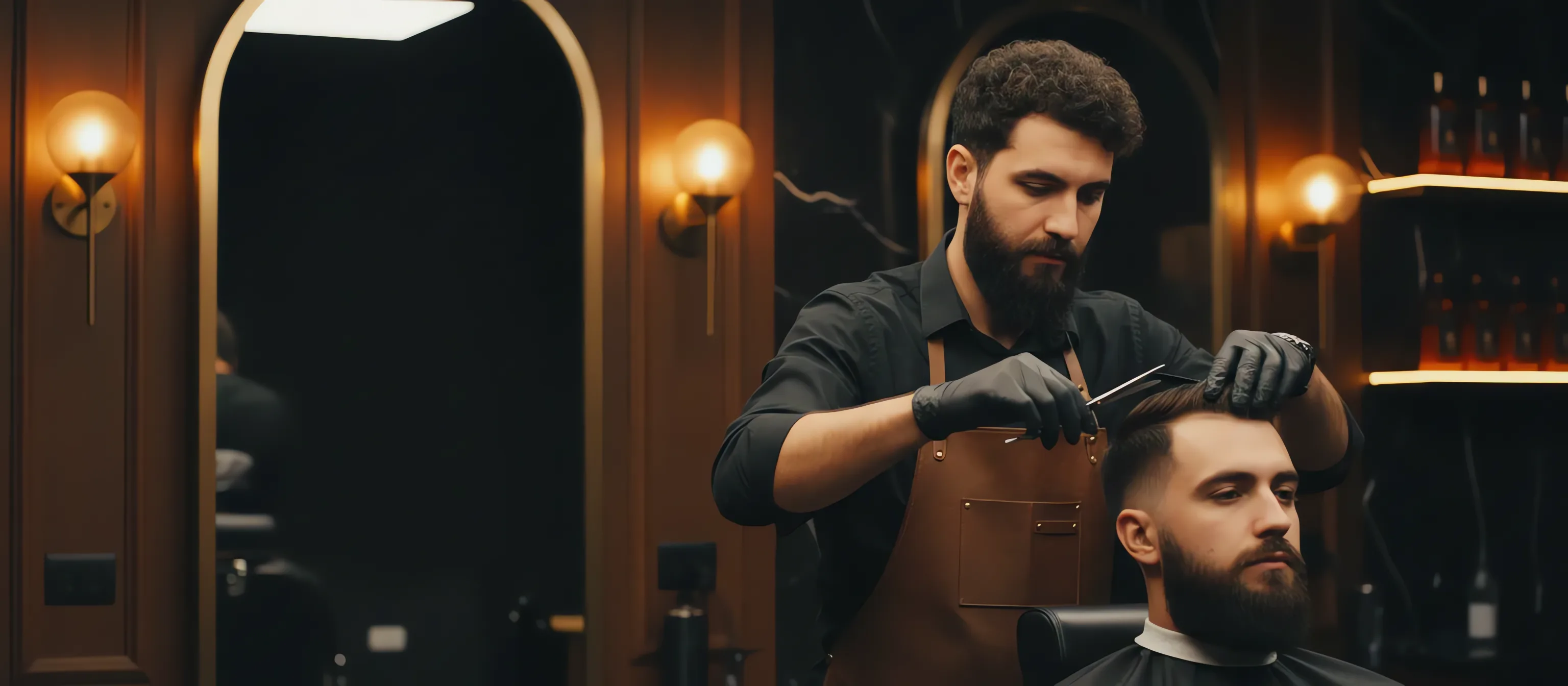 Barbiere con guanti neri che taglia i capelli a un cliente sulla poltrona, luce calda ambrata