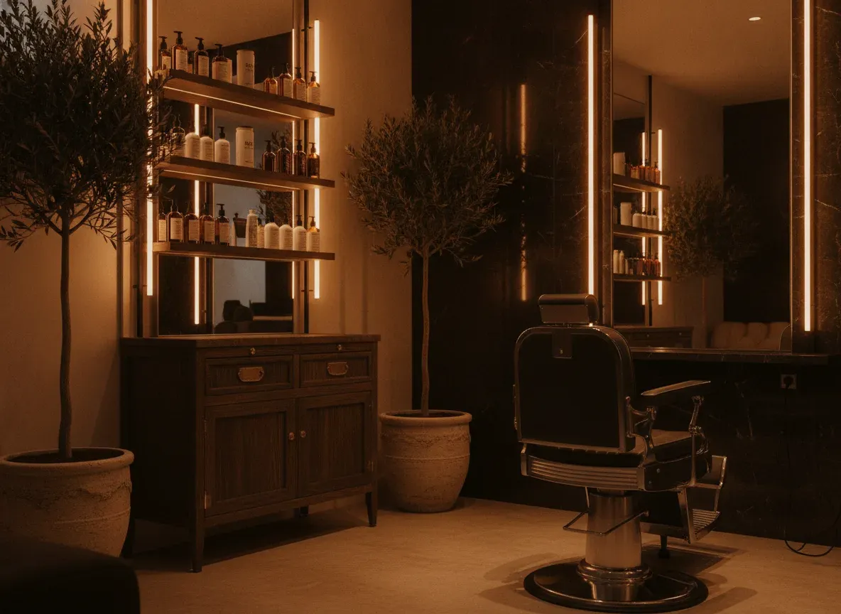 Interno del salone con poltrona da barbiere, specchi con luci ambrate, piante e scaffali di prodotti