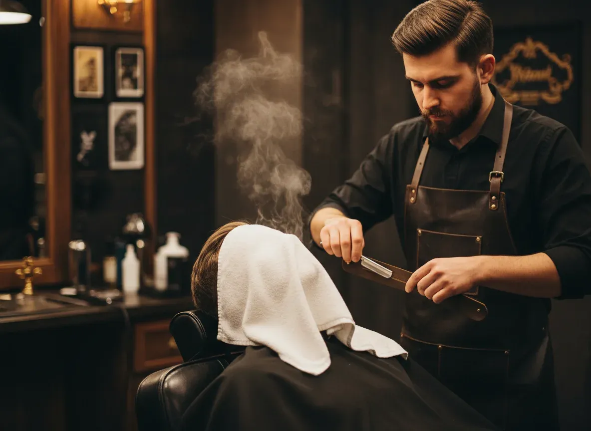Barbiere che prepara il rasoio accanto a un cliente con il panno caldo sul viso