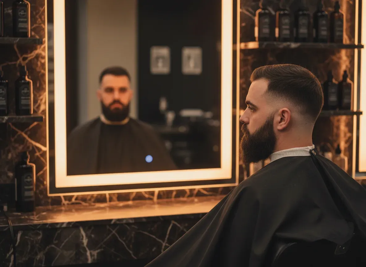 Cliente con sfumatura e barba rifinite riflesso nello specchio illuminato