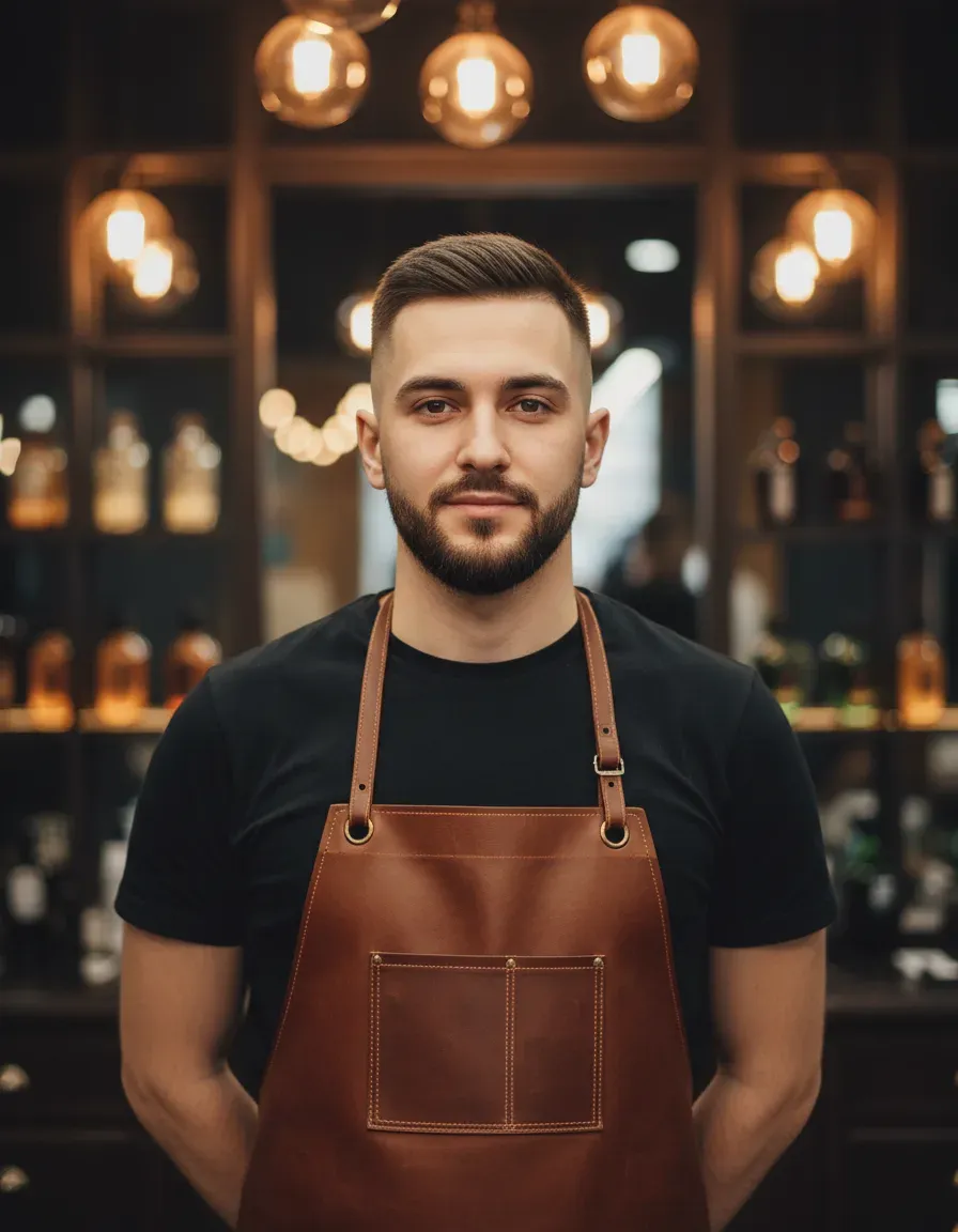 Ritratto di Marco, giovane barbiere con grembiule in pelle